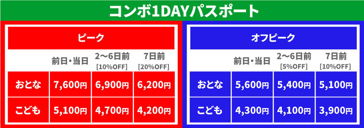 コンボ1DAYパスポートの料金