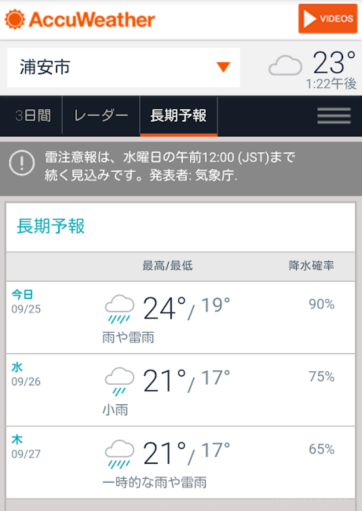 AccuWeatherのアプリ画面