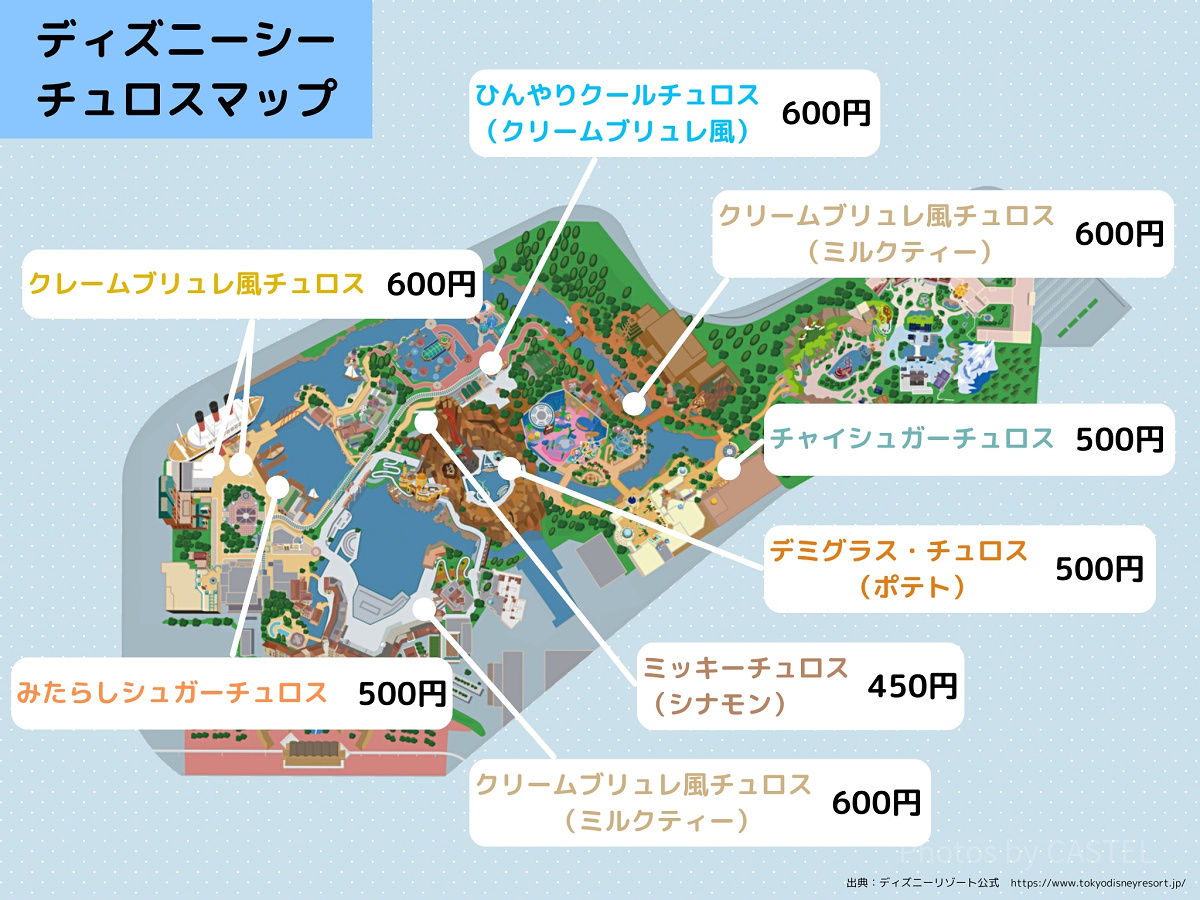 2025年5月のディズニーシーのチュロス販売場所マップ（地図）