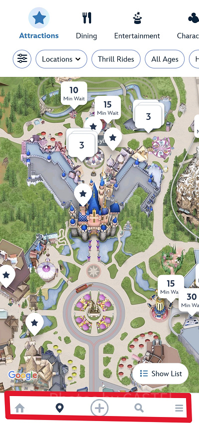 カリフォルニアアナハイムディズニー：公式アプリの５つのメインメニュー
