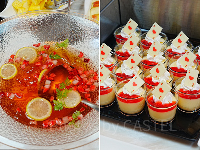 エルダーフラワー風味のゼリーとカスタードプリン