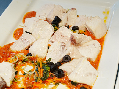 メカジキのオーブン焼き、トマト豆乳ソース