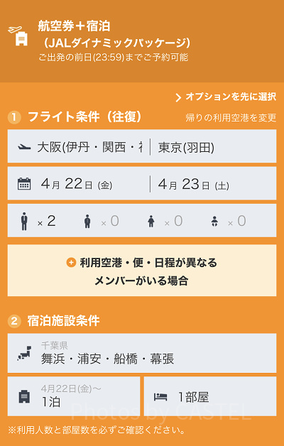フライト条件や宿泊施設の条件を設定（JAL）