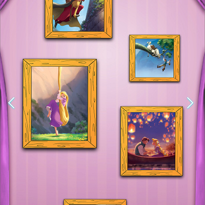 作品ごとに壁に飾られたディズニーアート