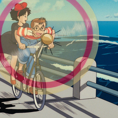 トンボの作ったプロペラ付き自転車で出かけるキキとトンボ