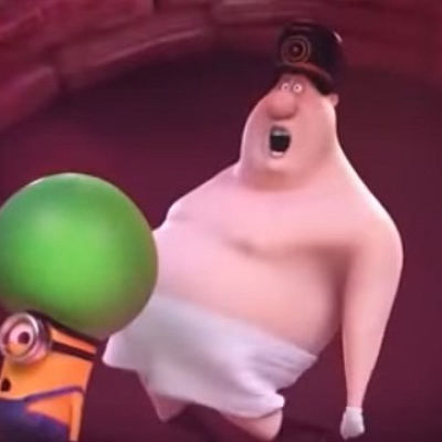 門番のおじさんと歌うミニオン