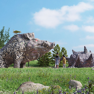 もののけの里の「乙事主」の滑り台と「タタリ神」のオブジェ（ジブリパーク）