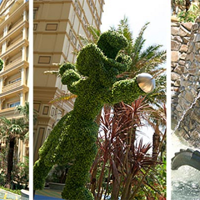 ピーターパンとフック船長のトピアリー、チクタクワニの噴水