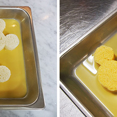 ①で用意した食パンを②に入れ、しっかりと卵液に浸す