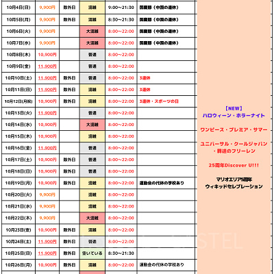 2026年10月のUSJ混雑予想カレンダー