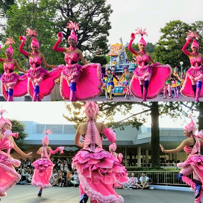 フラミンゴモチーフの衣装を着たダンサー