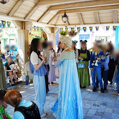 アレンデール城の石橋手前の屋根の下でのアナとエルサのグリーティングの様子