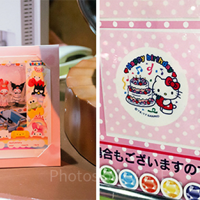 「キャラクターボートライドフォト」(左)、「フェイスシール」のサンプル(右)