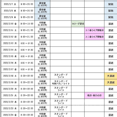 2023年3月の混雑予想カレンダー