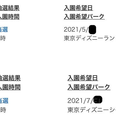 ディズニーチケットの抽選確認画面