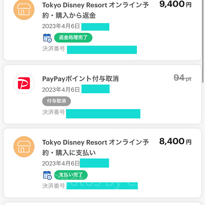 ディズニーチケットの精算プロセス(Payayの取引履歴の画面)