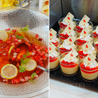 エルダーフラワー風味のゼリーとカスタードプリン