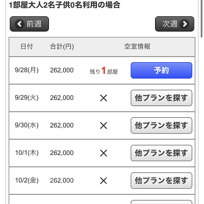 ミラコスタの空室カレンダー（スマホ）