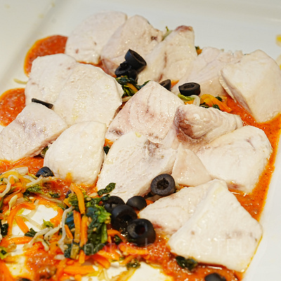 メカジキのオーブン焼き、トマト豆乳ソース