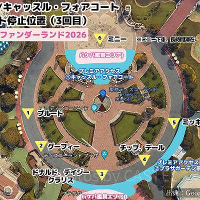 プラザ/キャッスル・フォアコートの停止位置マップ（ミニー@ファンダーランド2026）