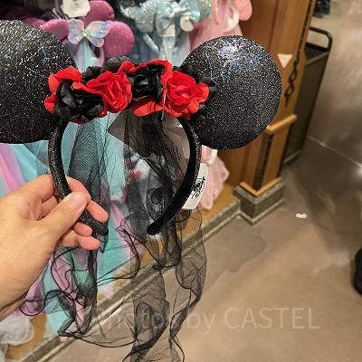 上海ディズニーカチューシャ：ベール付バラ柄ミニーカチューシャ