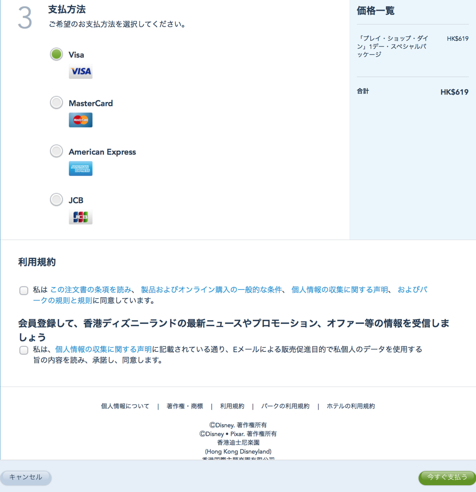 クレジットカードのブランドを選んで 利用規約に同意 キャステル Castel ディズニー情報