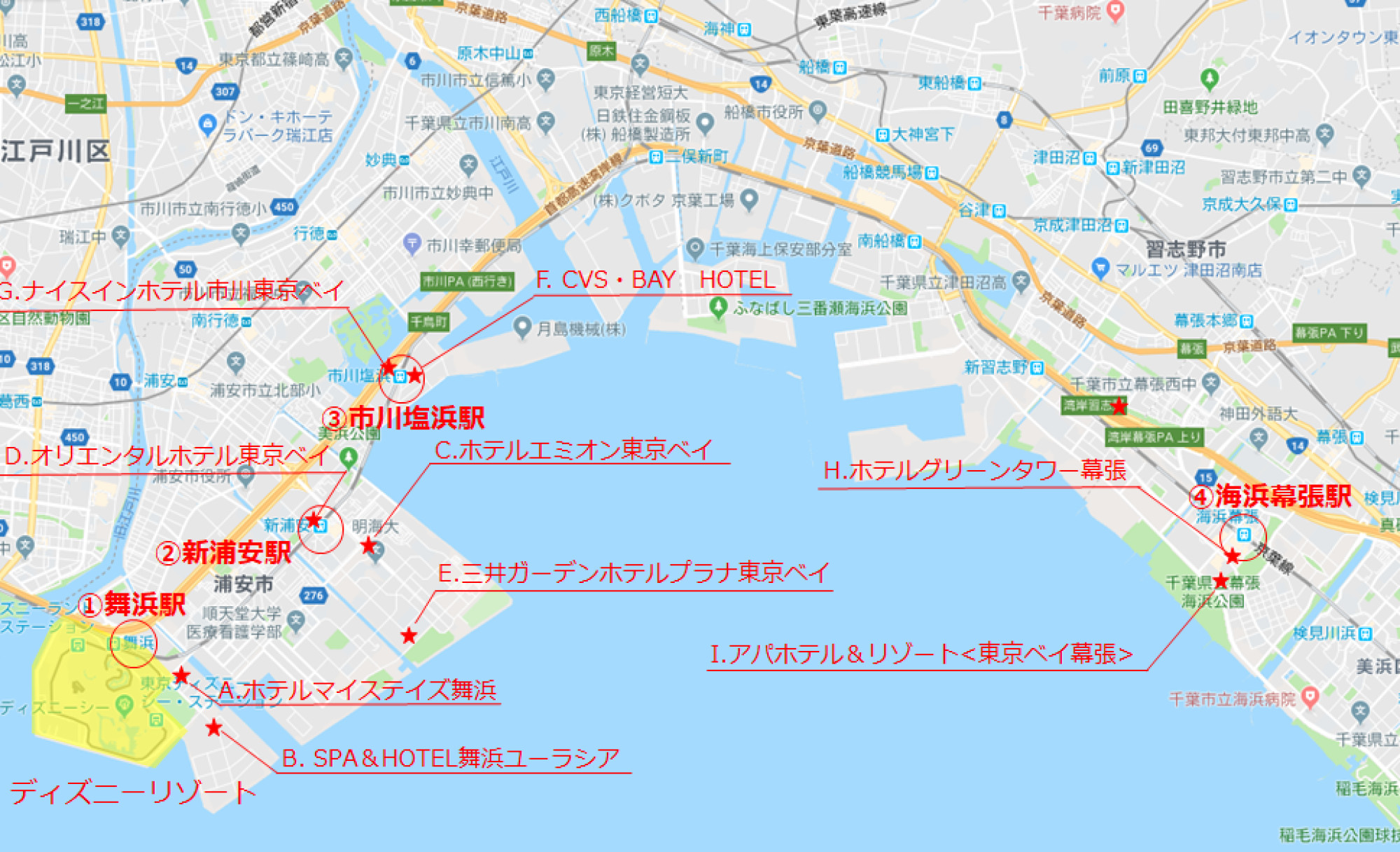 ディズニー近郊マップ Google Mapより引用 キャステル Castel ディズニー情報