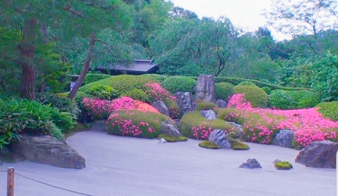 ツツジが咲く枯山水庭園